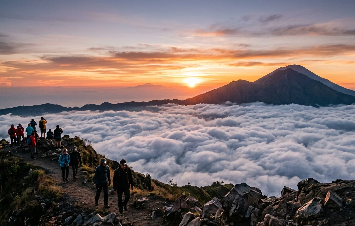 A breathtaking Mount Batur sunrise view featuring a sea of clouds and Mount Agung in the distance.