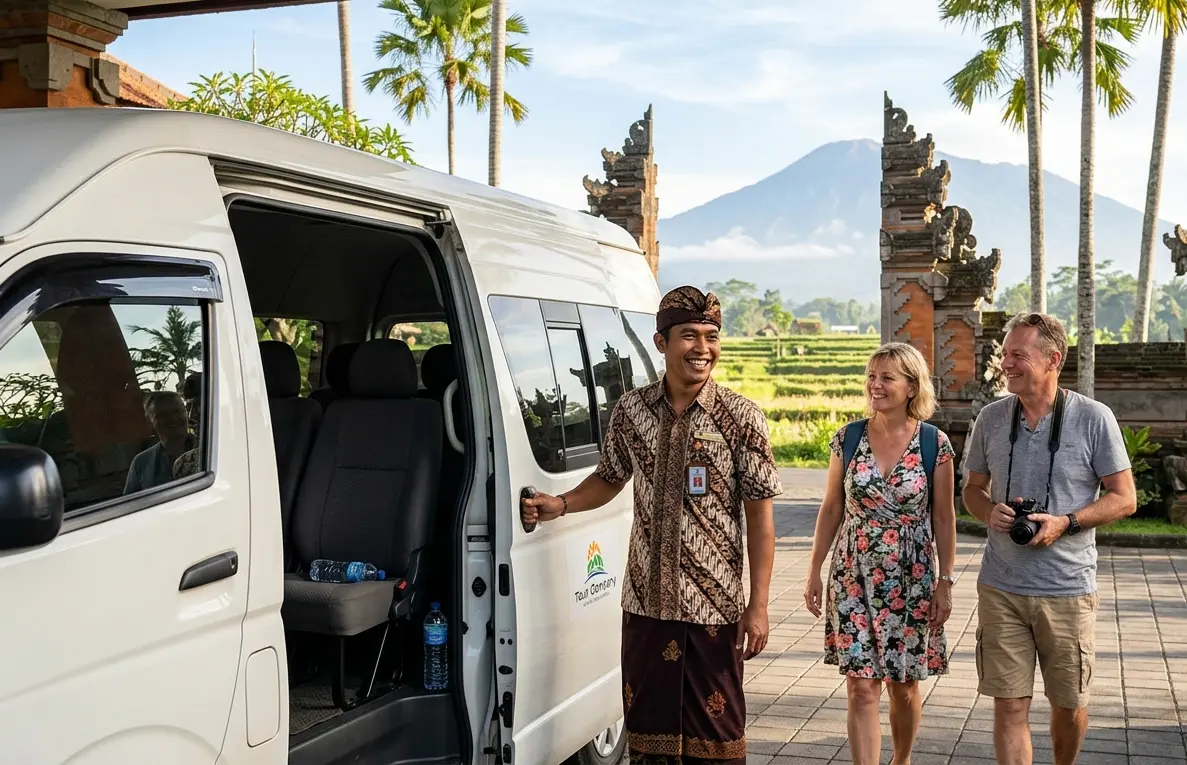 A friendly and professional Balinese tour guide smiling and opening the car door for international guests.