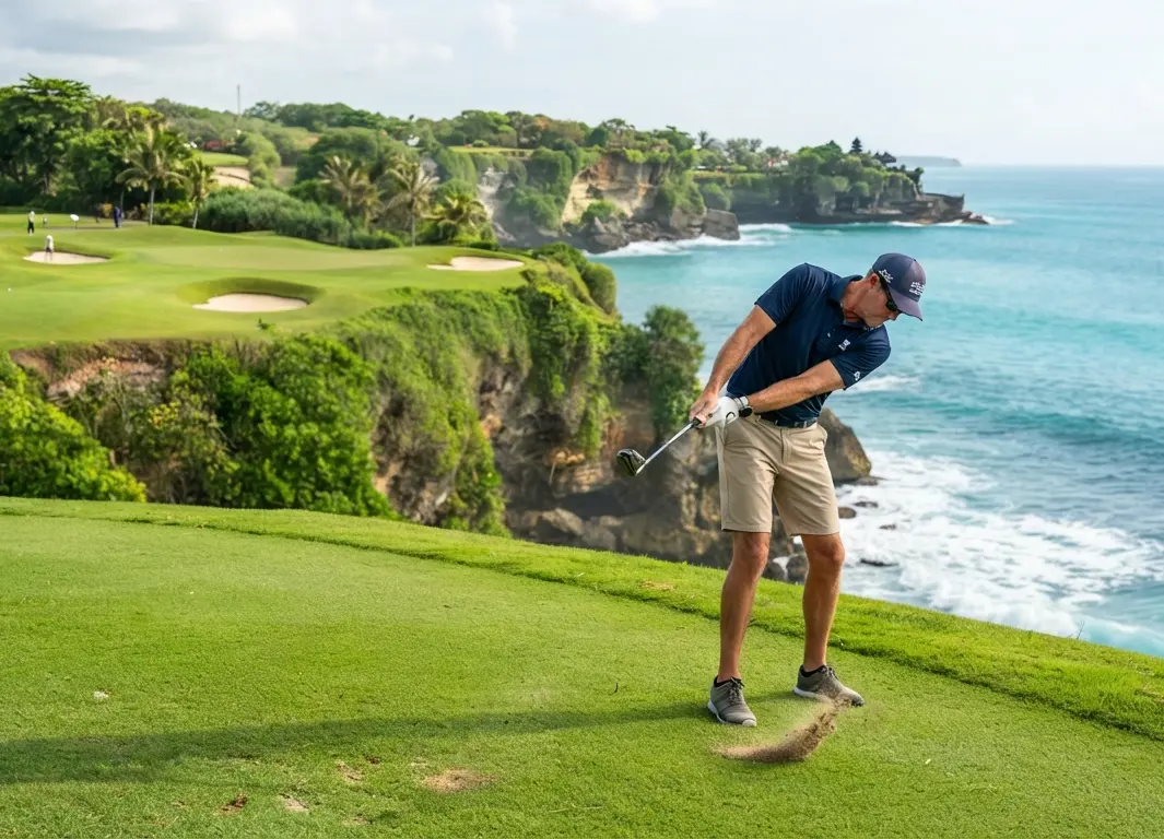A golfer swinging an iron on a lush green Bali fairway overlooking the turquoise Indian Ocean.