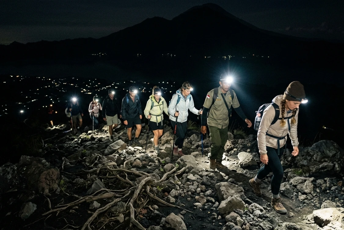 A group of beginner hikers using headlamps to navigate the rocky Mount Batur trail in the dark.