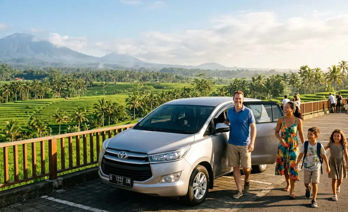A happy international family stepping out of a modern, clean private vehicle at a scenic Bali viewpoint.