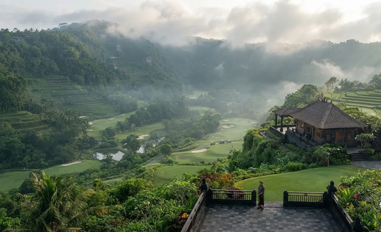 A misty, cool morning view of a mountain golf course nestled inside a volcanic crater in central Bali.