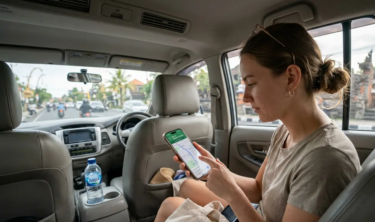 An international tourist analyzing a map on their smartphone while sitting in a comfortable, air-conditioned private vehicle.