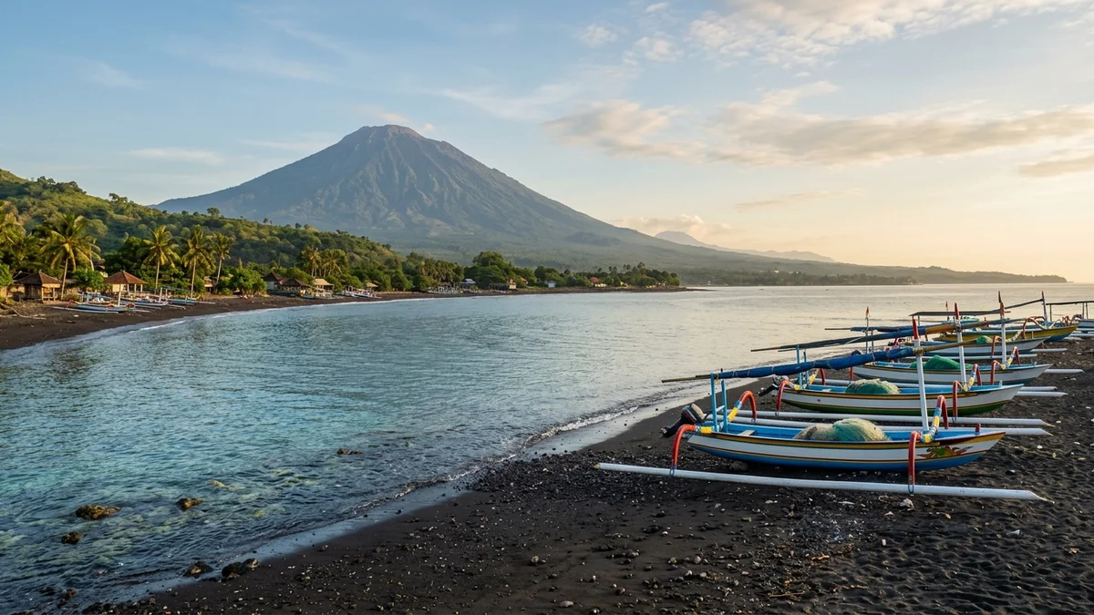 Amed Bali black sand beach fishing boats lining the volcanic shoreline in the early morning