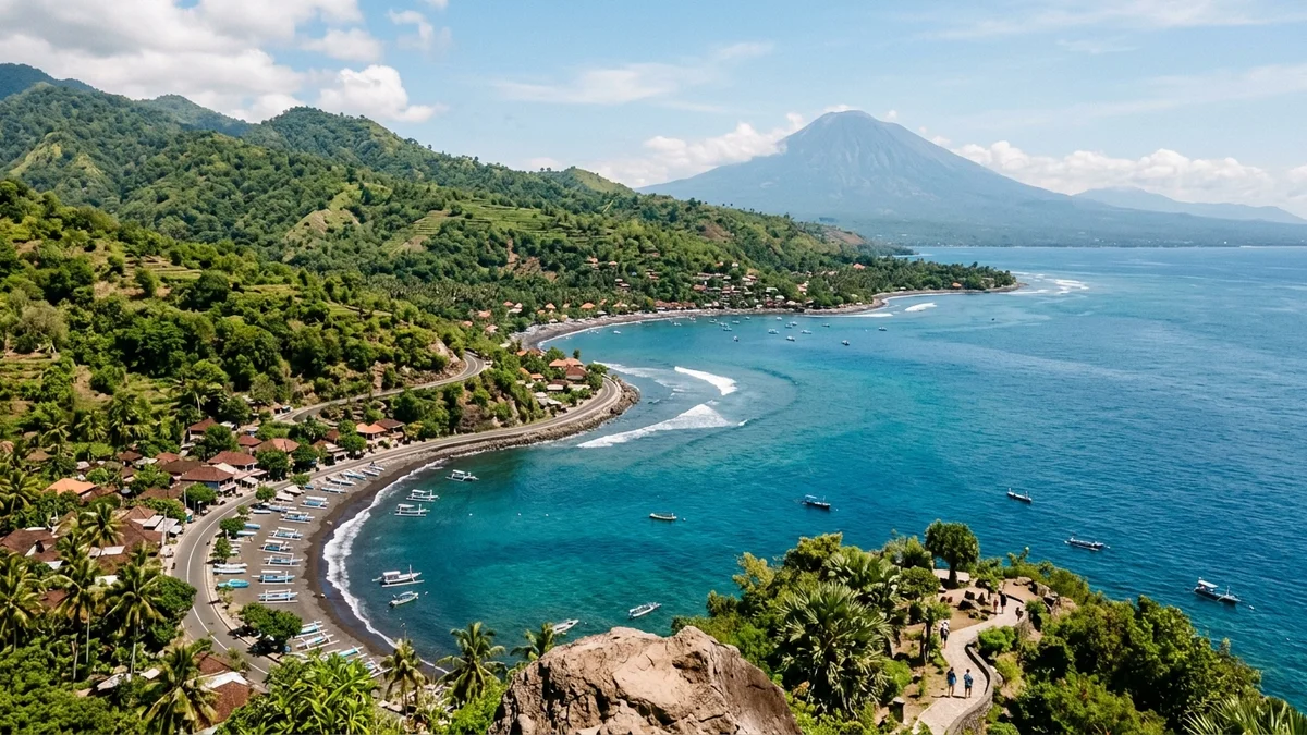 Amed Bali coastal villages black sand coves viewed from the elevated ridgeline along East Bali