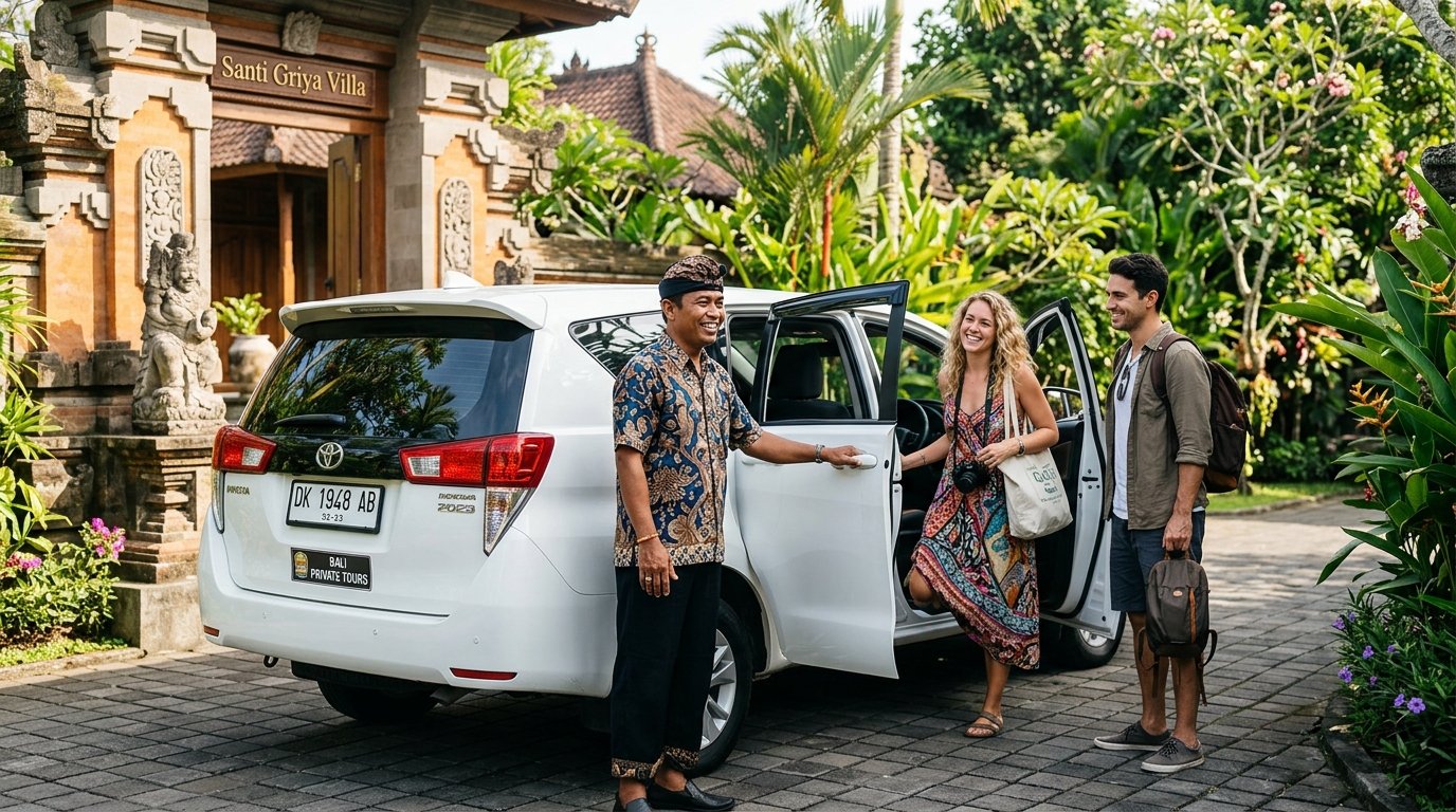 Private driver service for tourists in Bali — international couple greeted with a warm Balinese smile before a comfortable sightseeing day.