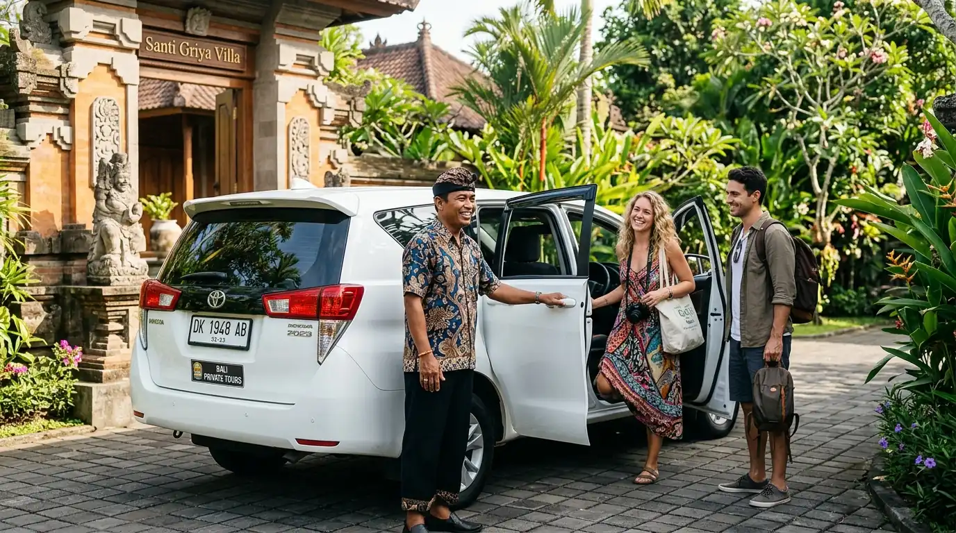 Private driver service for tourists in Bali — international couple greeted with a warm Balinese smile before a comfortable sightseeing day.