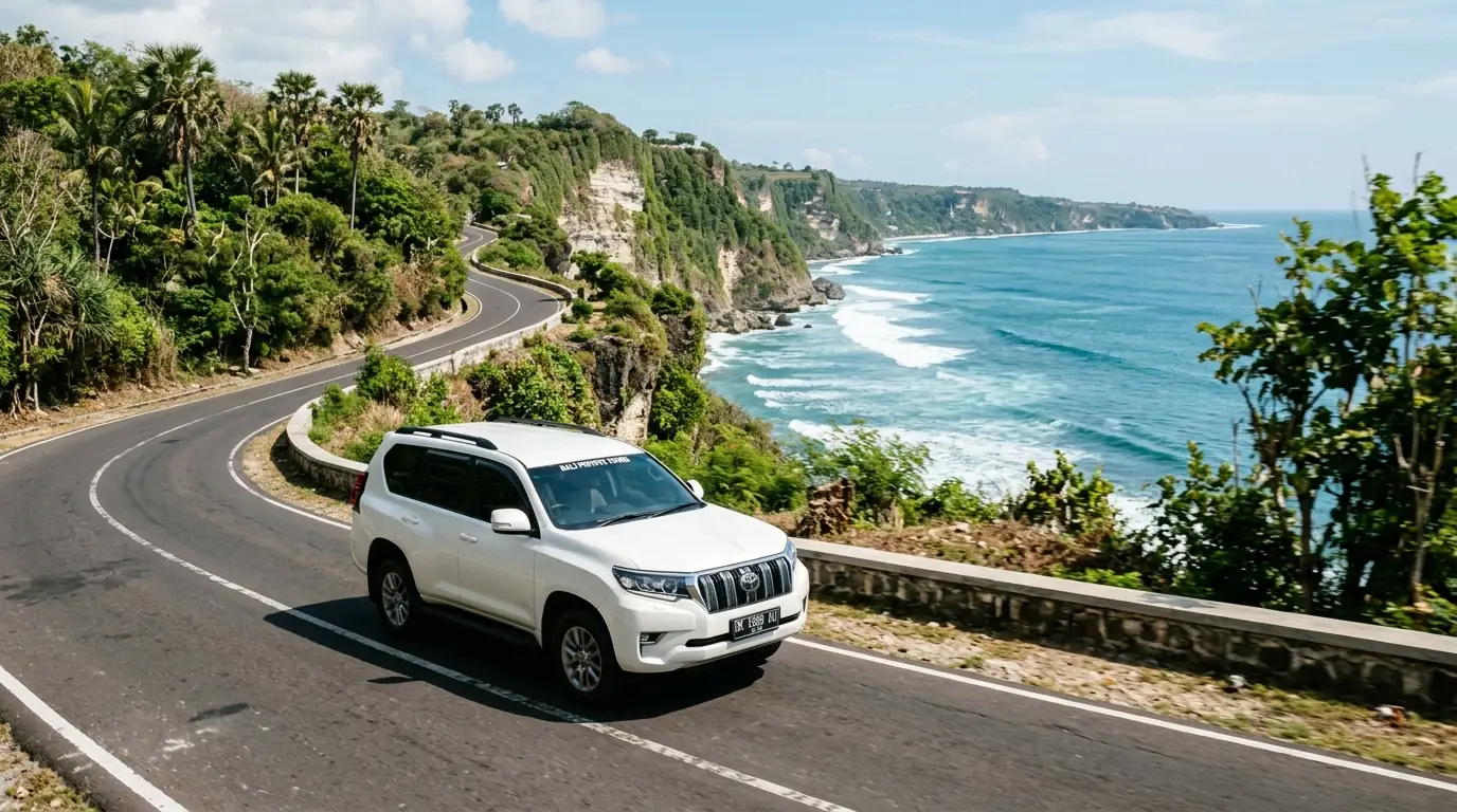 Bali private driver Uluwatu coastal road — reliable private transport for exploring clifftops and beaches.