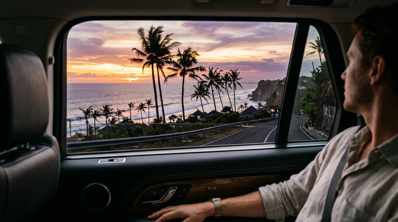 Private Bali tour sunset drive — enjoying panoramic Indian Ocean vistas through the window of an air-conditioned private vehicle.