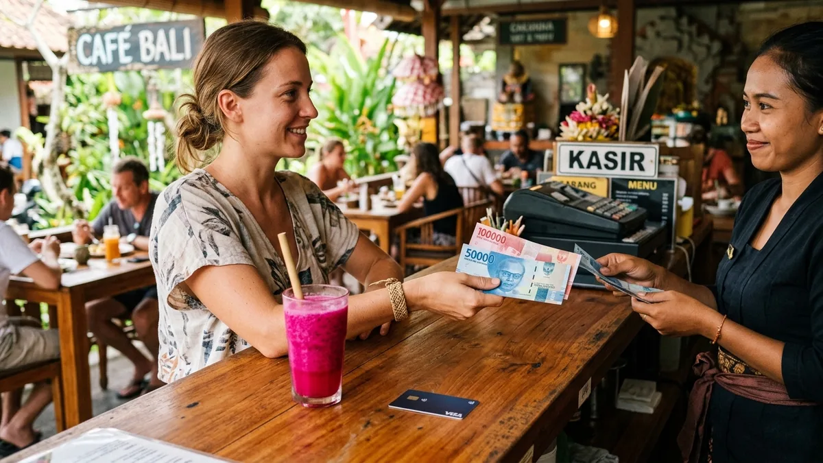 Counting Indonesian rupiah cash and cards for Bali travel
