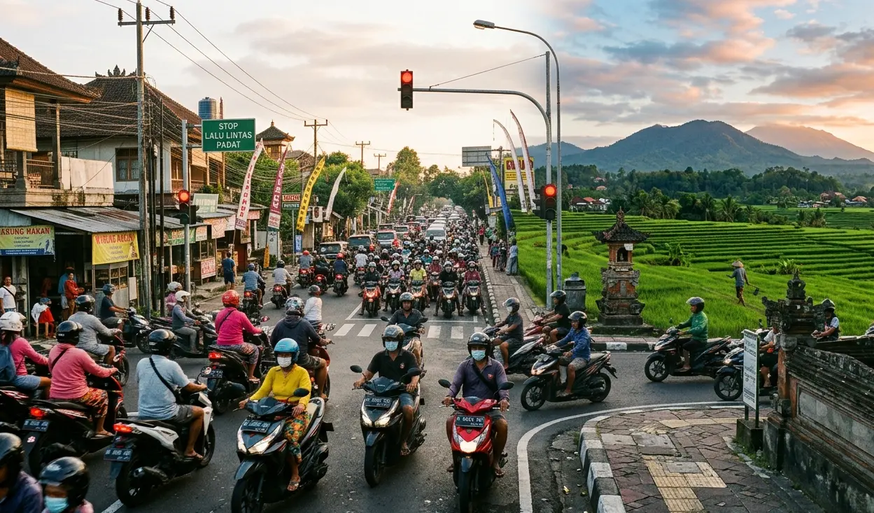 A busy intersection in Bali showing heavy scooter traffic contrasting with a peaceful rice field landscape.