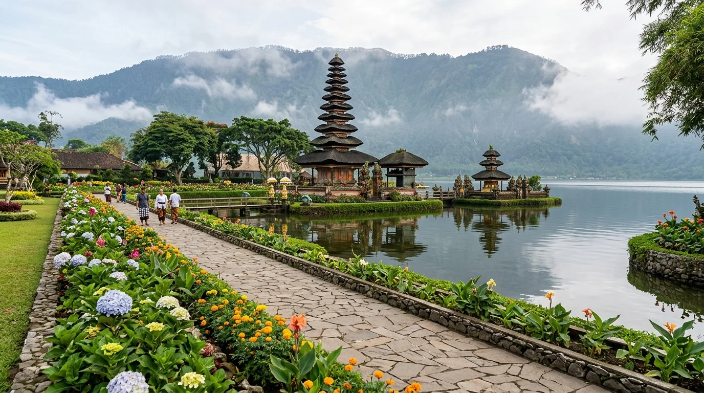 Ulun Danu Beratan Temple in Bedugul features cool lakeside temperatures and flat paved walking paths.