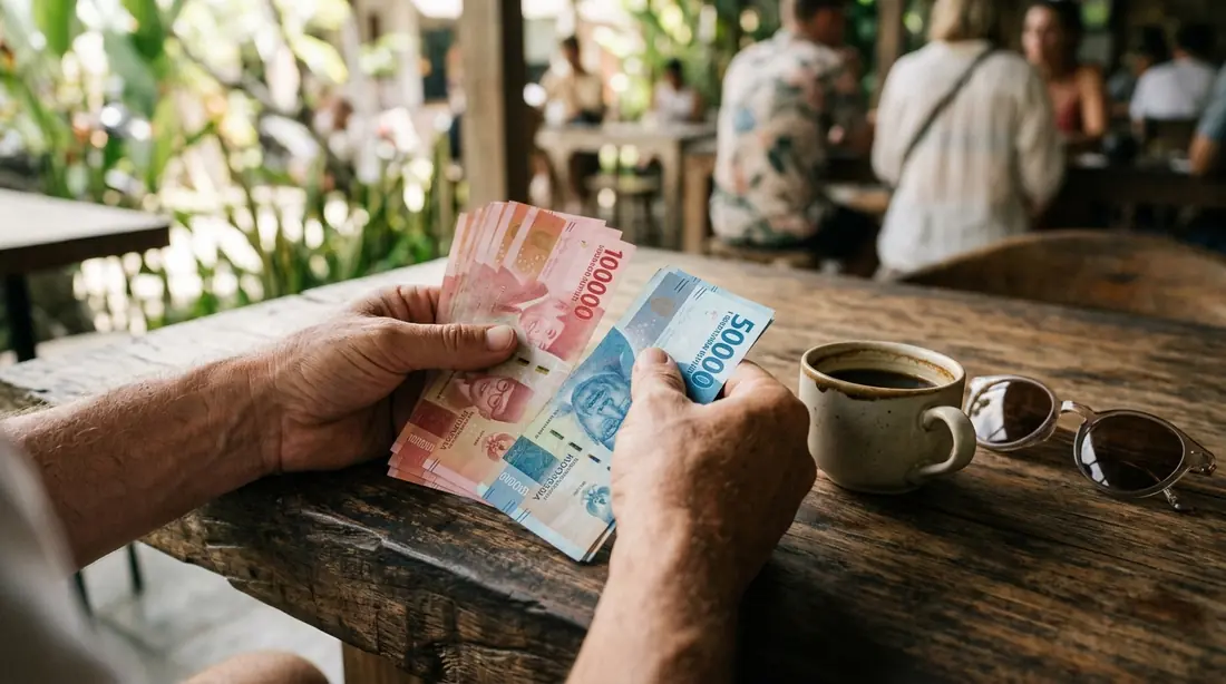 Counting Indonesian Rupiah cash in Bali