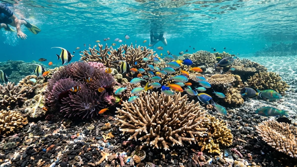 Jemeluk Bay snorkeling Amed Bali showing shallow living coral gardens and colorful tropical fish