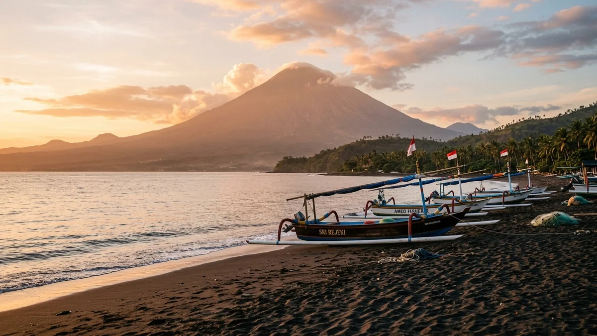 Mount Agung view from Amed Bali beach at sunrise as dawn light illuminates the volcano and shoreline