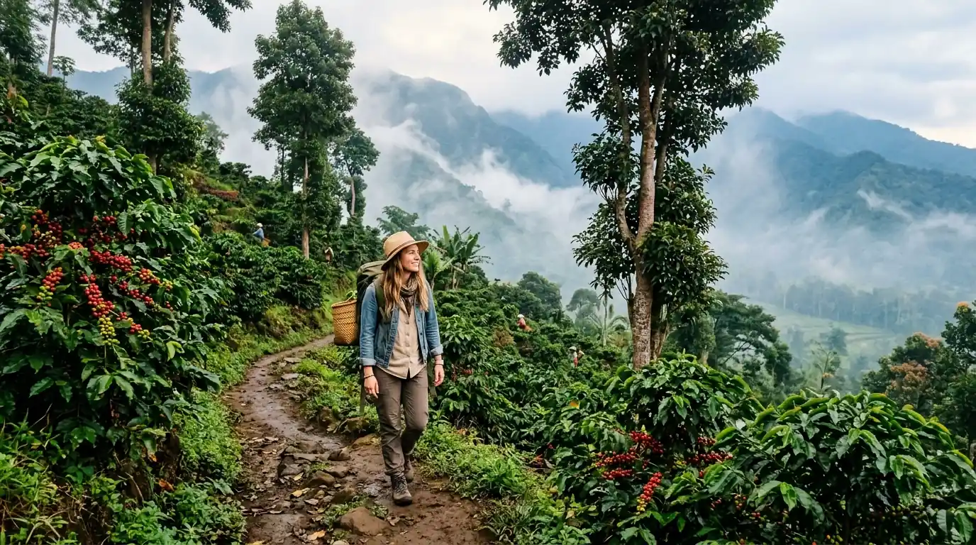 Traveler exploring a working organic coffee plantation on the hillsides of Munduk.