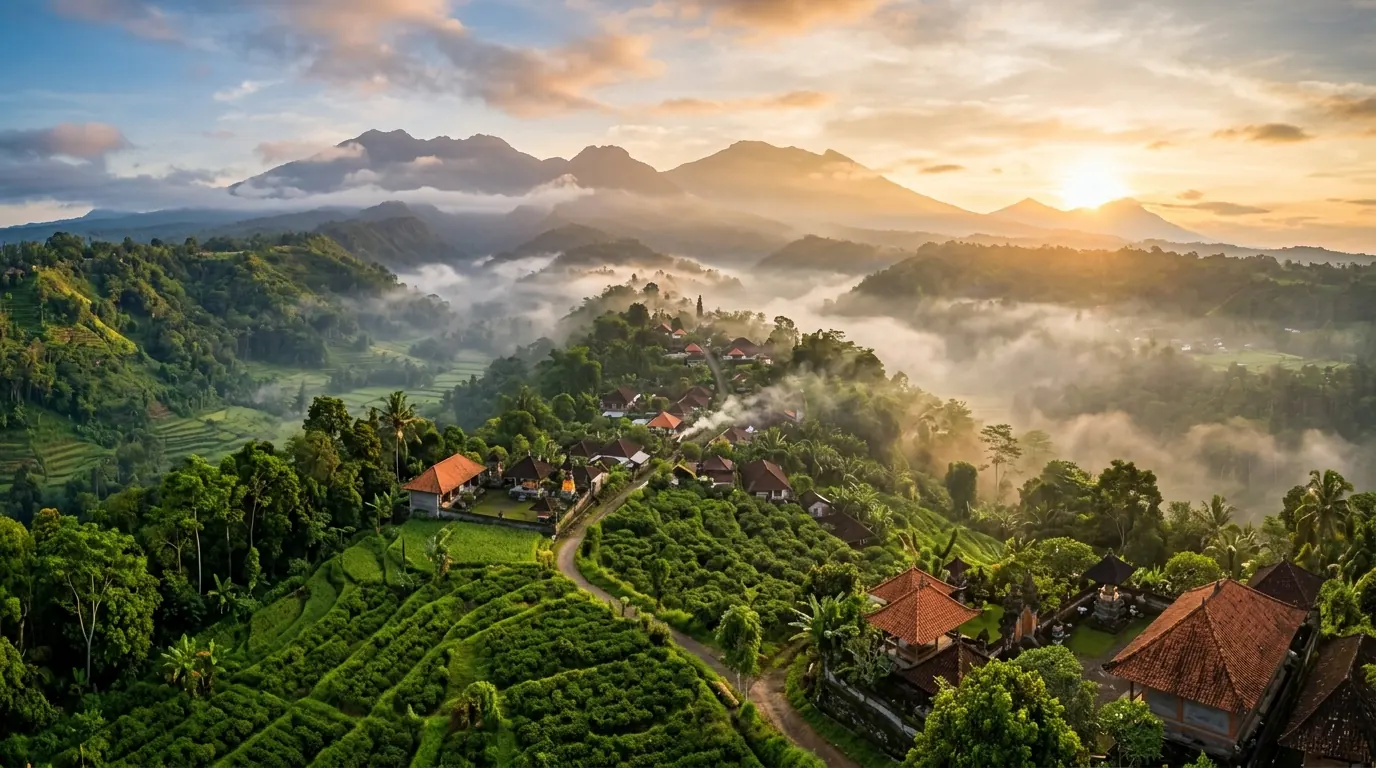 Misty mountain village of Munduk at sunrise with lush coffee plantations.