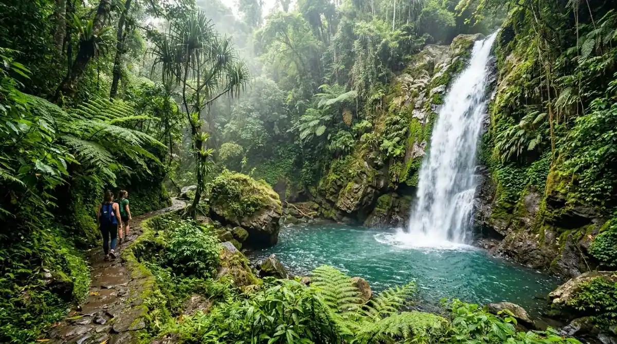 Hidden jungle waterfall near Munduk surrounded by untouched rainforest.