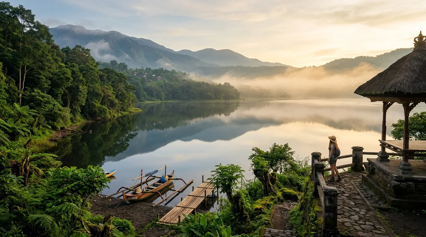 Scenic viewpoint over Lake Tamblingan near Munduk Bali reflecting the early morning mist.