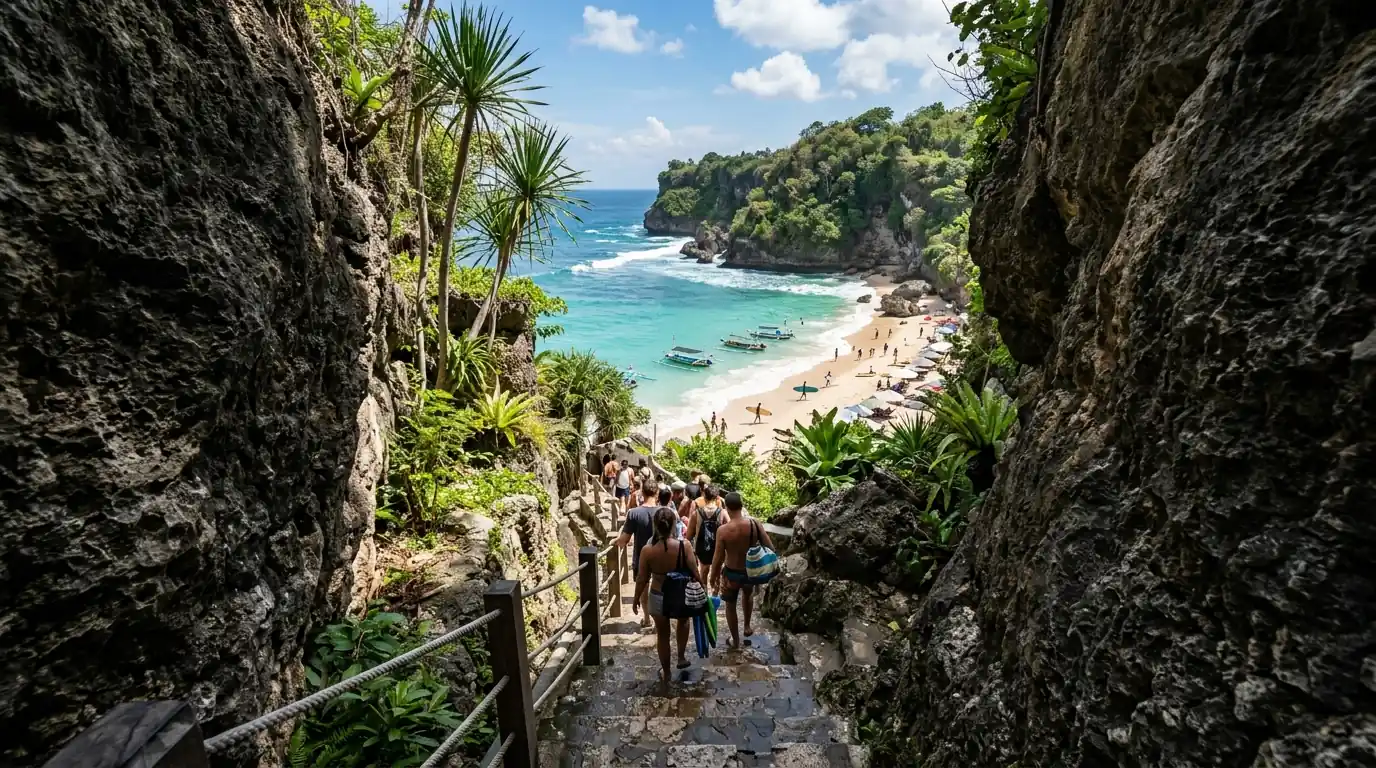Padang Padang Beach Uluwatu cliff staircase and secluded white-sand cove beneath limestone cliffs.