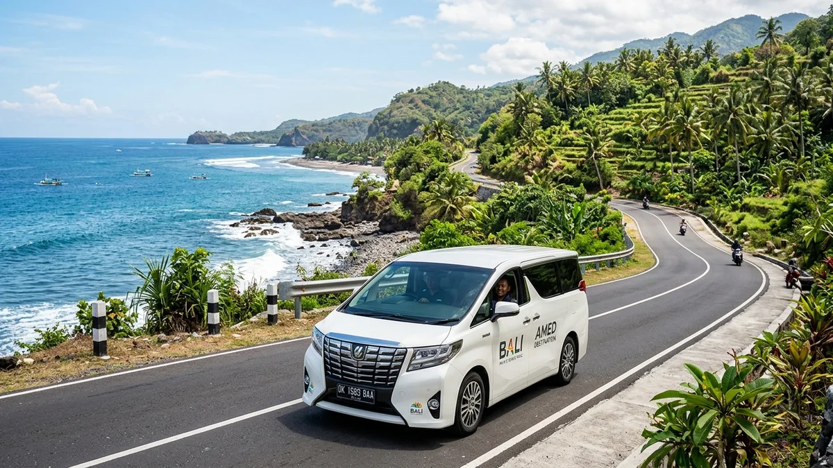 Private driver route to Amed Bali traveling smoothly along scenic East Bali coastal highways