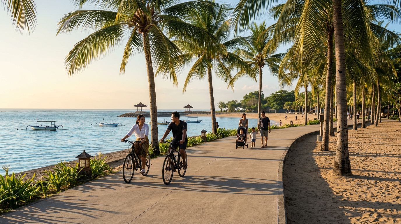Sanur beachfront boardwalk — flat, palm-lined, stroller and bicycle friendly
