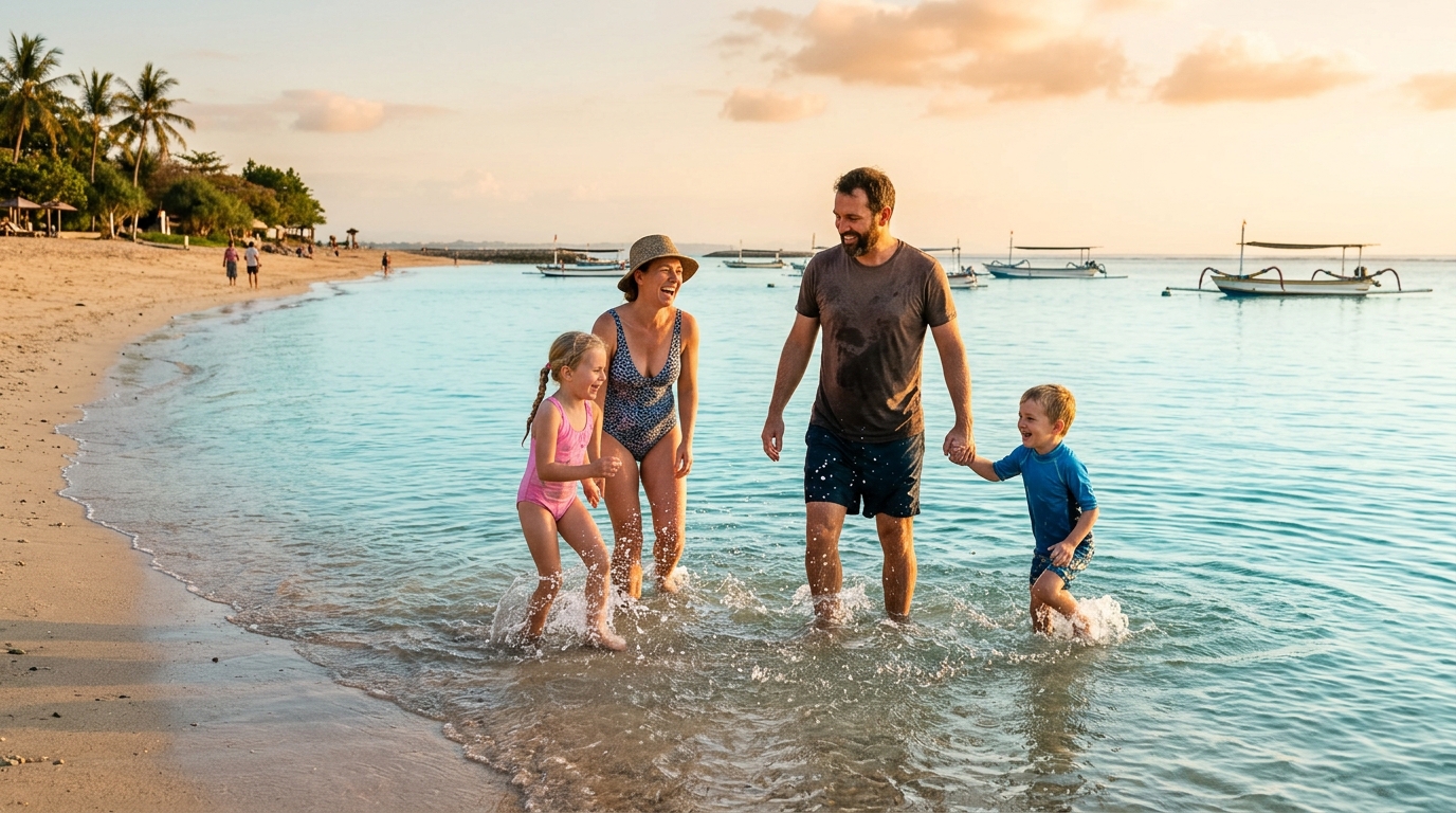 Family with young kids on Sanur's calm reef-protected beach