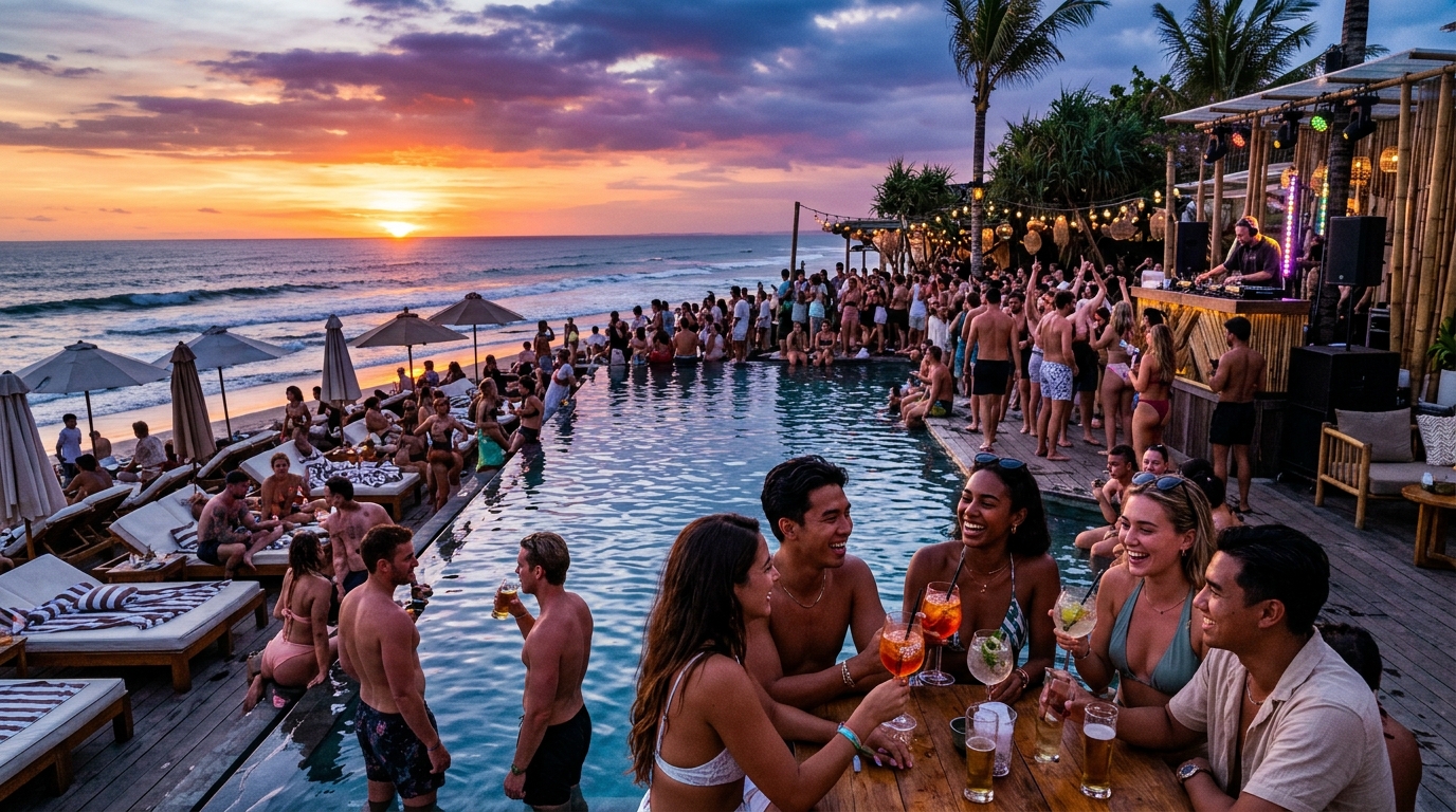 Seminyak beach club at sunset — lively, social, west coast energy