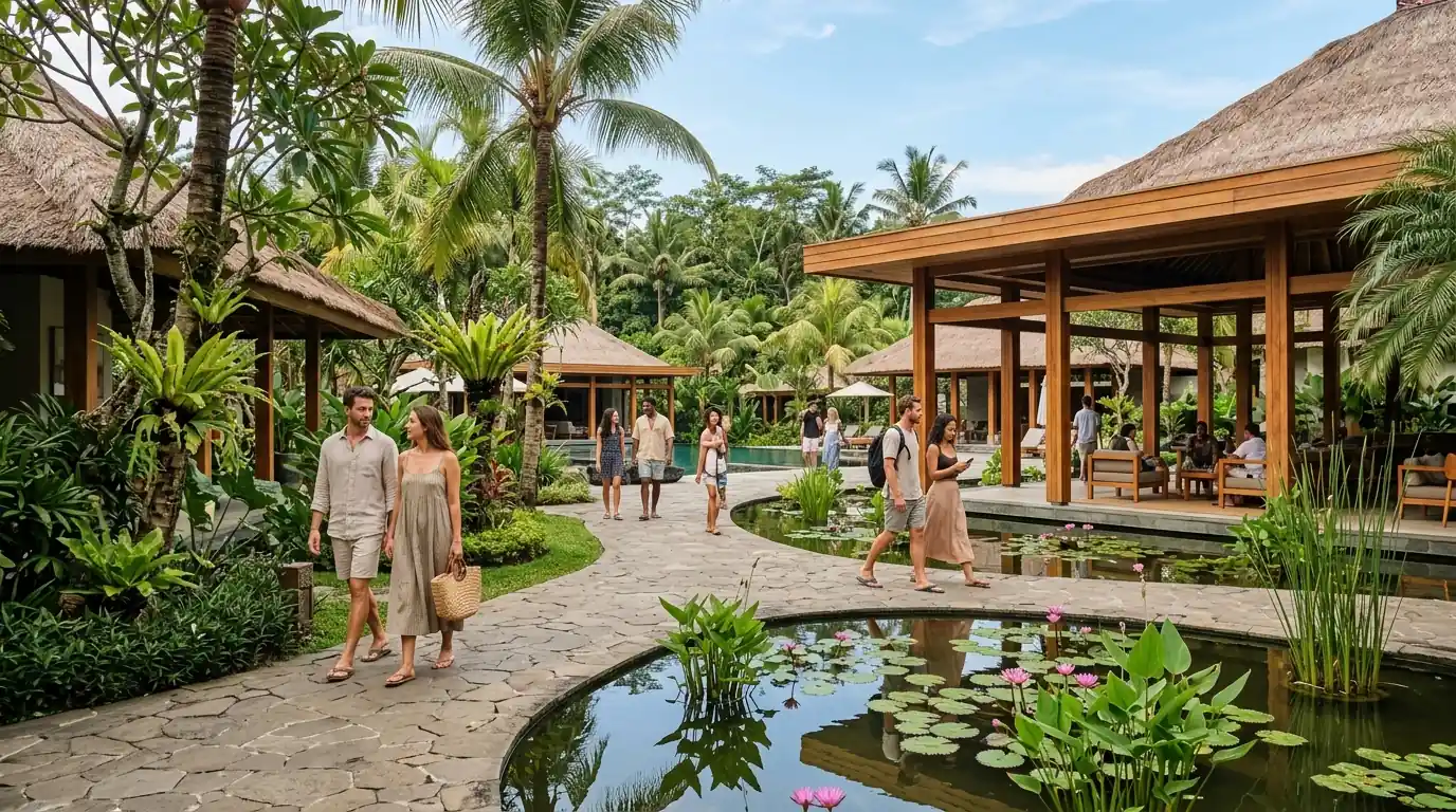 Visitors enjoying a relaxed afternoon walk near modern architectural structures at a coastal destination in Bali.