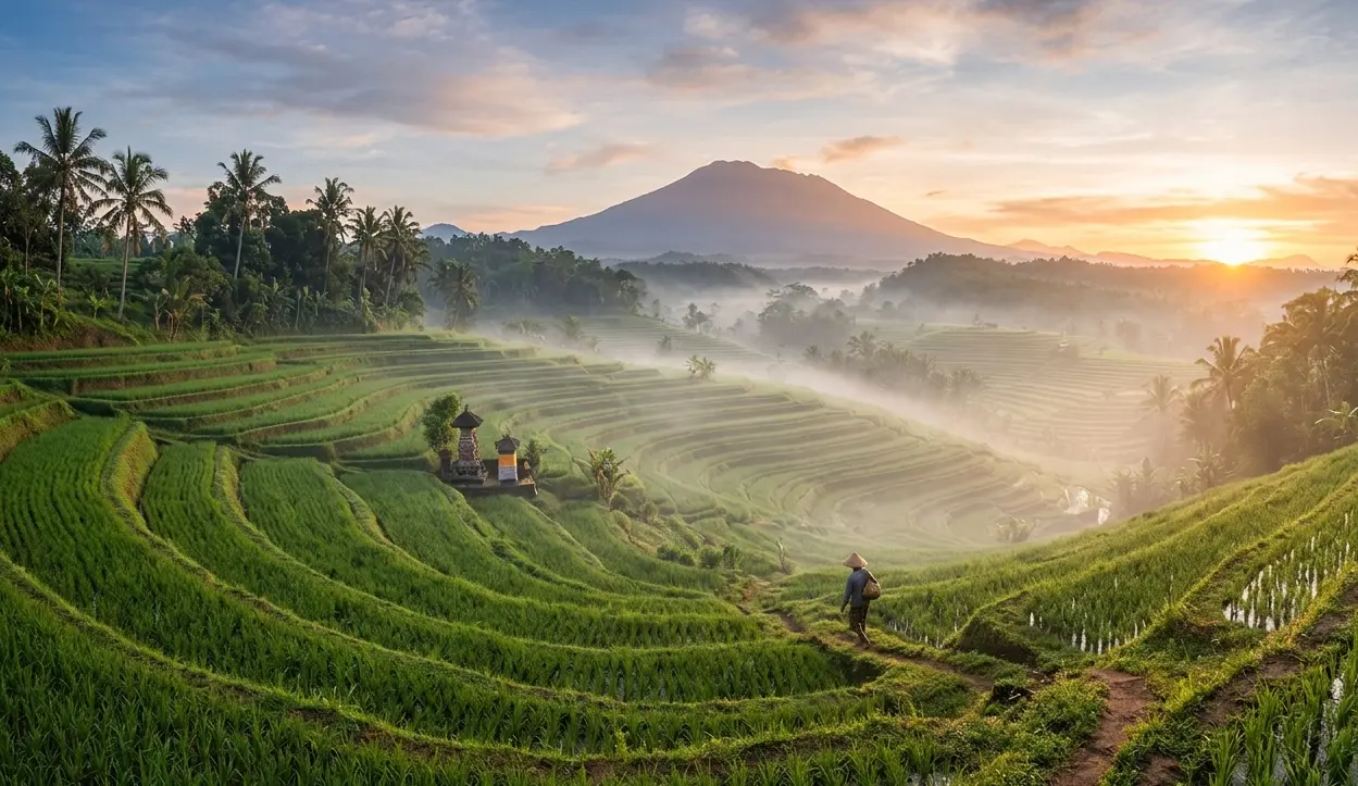 A beautiful morning view of the misty, terraced rice fields in the peaceful Sidemen Valley of Bali.